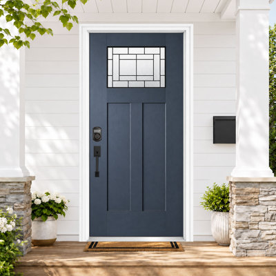 36 In. x 80 In. Blue Fiberglass Front Entry Door, Right-Hand Inswing,Tempered Privacy Glass with Decorative Caming Knock-Down Design, 4-9/16 In. Vinyl Frame & Brickmould