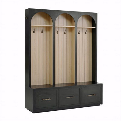 Black Farmhouse Hall Tree with Arched Design, 3 Drawers & 8 Hooks
