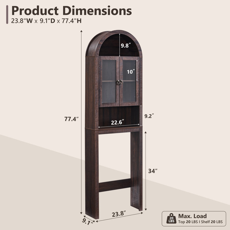 Ahart Arched Freestanding Over The Toilet Storage Cabinet with Acrylic Doors, Modern 77"H Over Toilet Bathroom Organizer Shelf with Adjustable Shelf