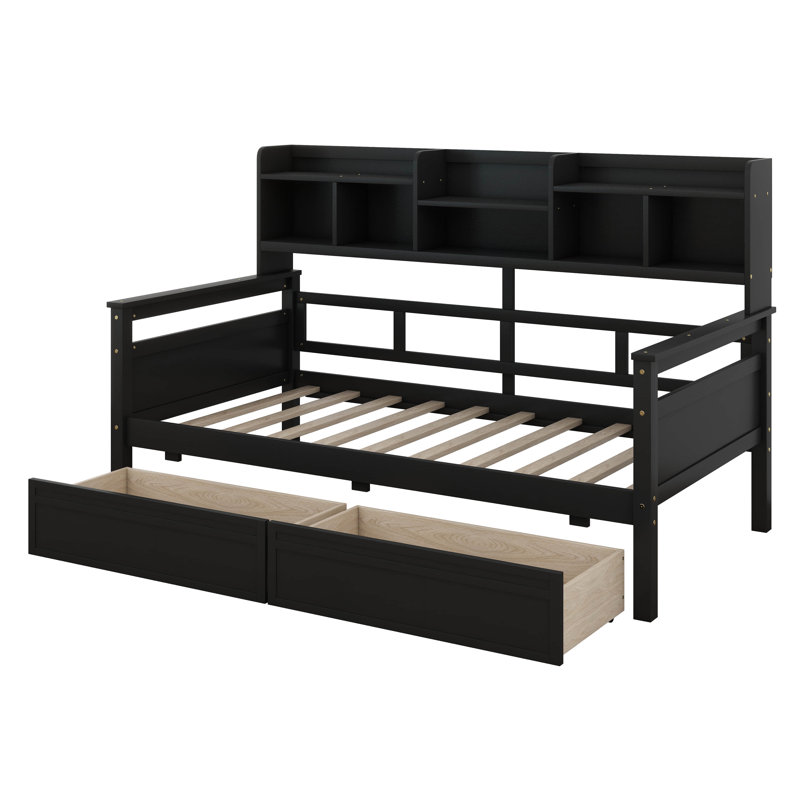 Twin Size Wood Daybed With With Bedside Shelves And Two Drawers, Sofa Bed Frame For Kids Teens Adults, Twin, Espresso