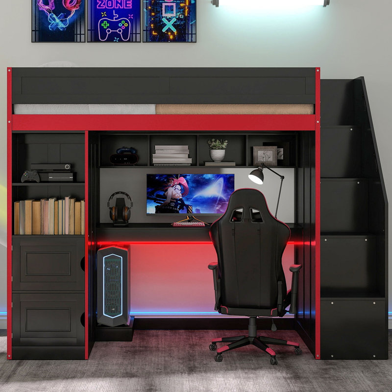 Lit mezzanine avec bureau et rangement, lumières DEL, double Gaming