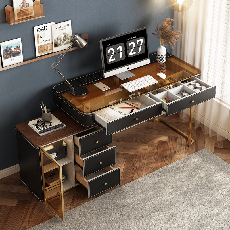 Bureau avec armoire latérale et prise électrique, plateau en verre avec revêtement en similicuir, 5 tiroirs pour bureau à domicile