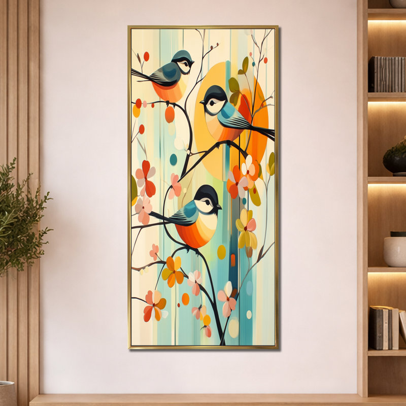 Bleu orange, chinois, oiseaux et fleurs d'été - impressions sur toile botaniques, art mural encadré nature, H 60 po x l 28 po