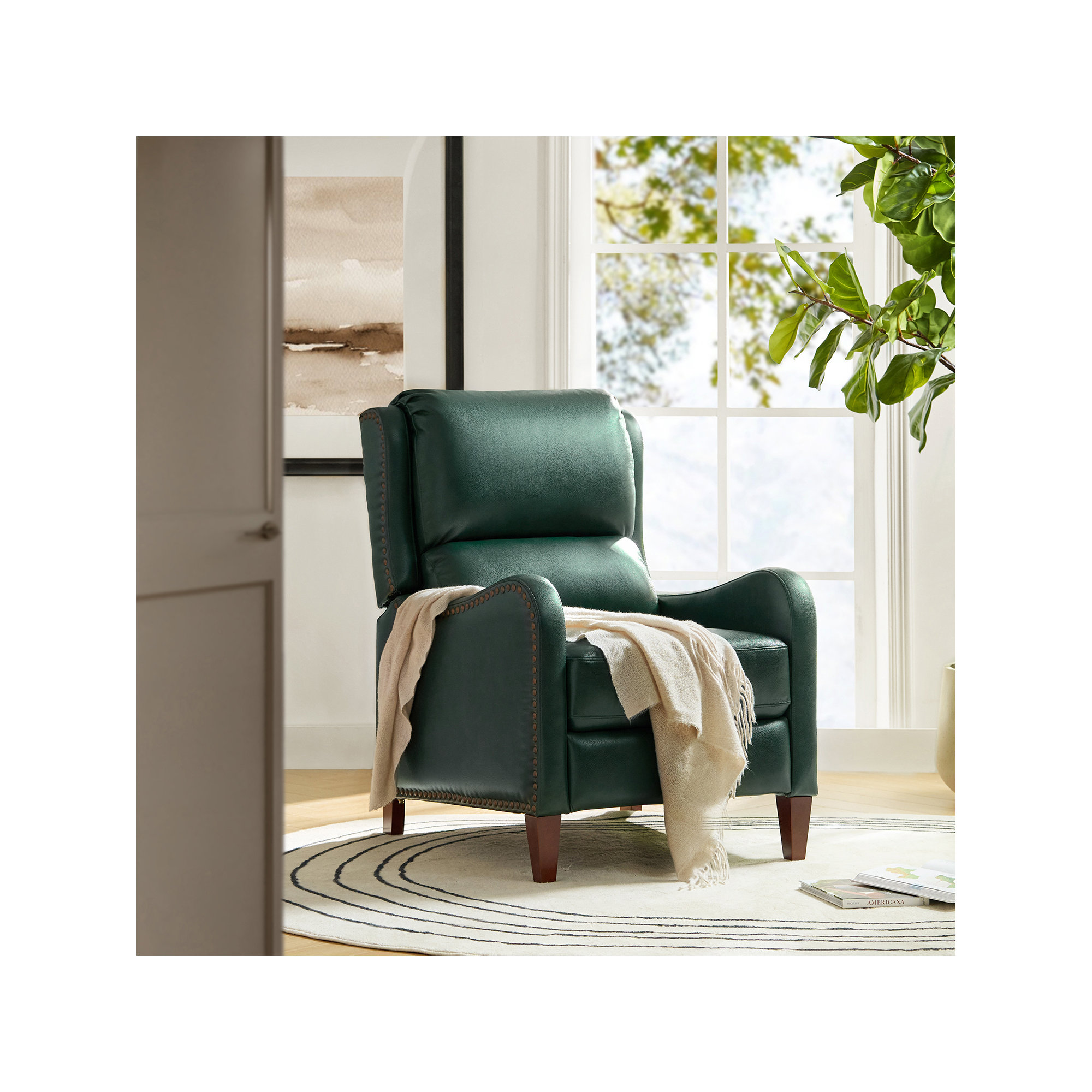 Beecher 28.75" Wide Genuine Leather Manual Club Recliner, Green Genuine Leather