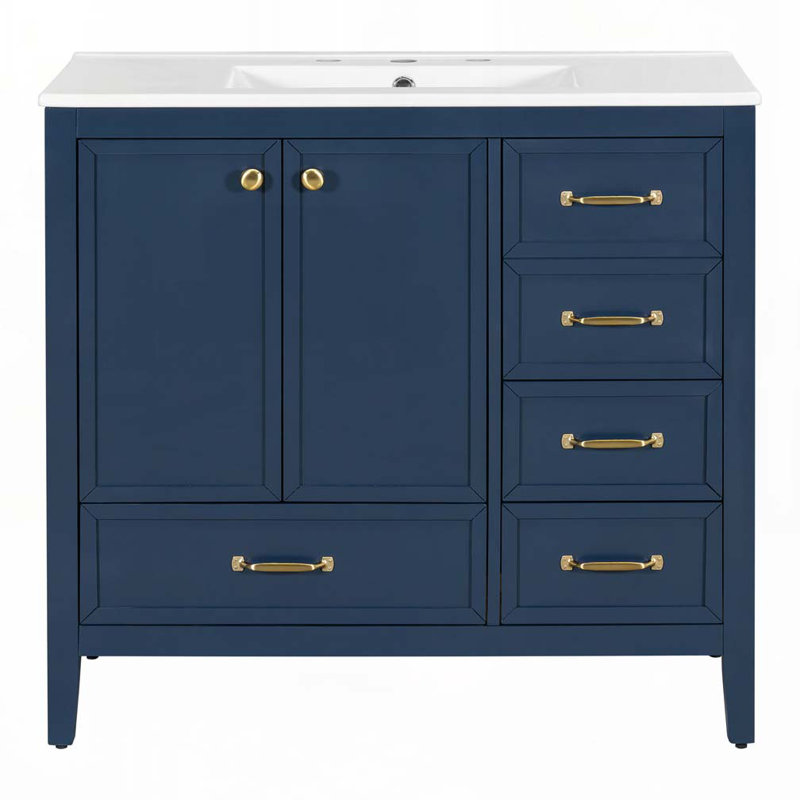 Meuble-lavabo 36 po avec lavabo en céramique 36 po, 4 tiroirs, Bleu