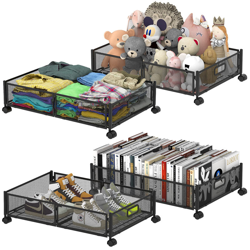 Black Metal Foldable Under Bed Storage Containers with Wheels