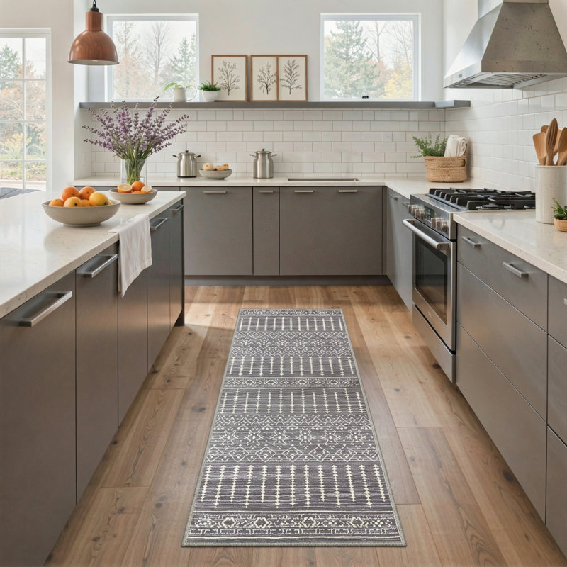 Tapis intérieur gris / beige lavable à la machine Zemara avec envers antidérapant, Tapis de couloir 2 pi 6 po x 8 pi