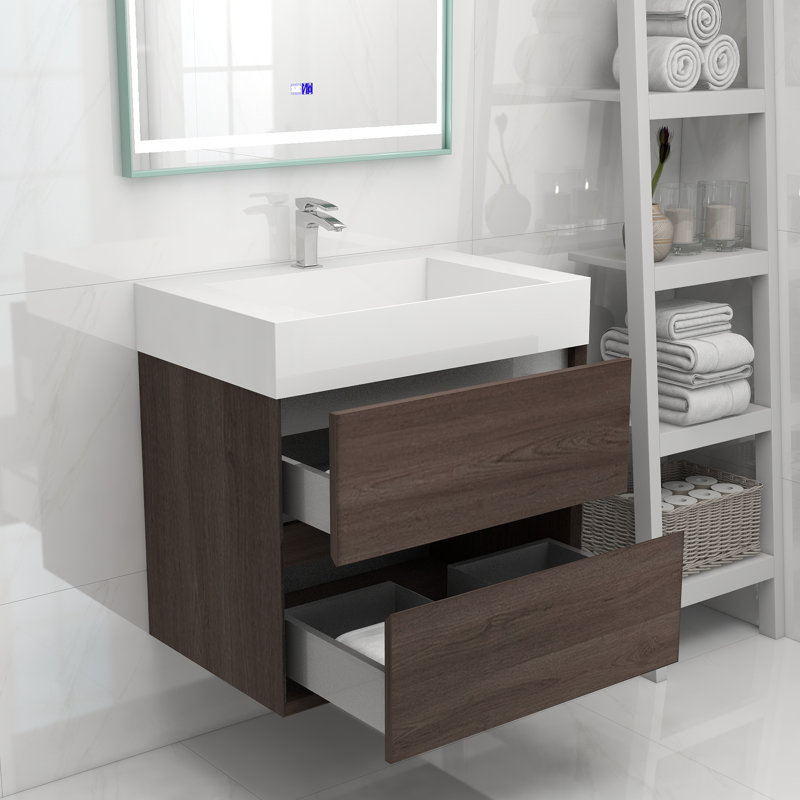 30" Wall Mounted Single Bathroom Vanity, Red Oak