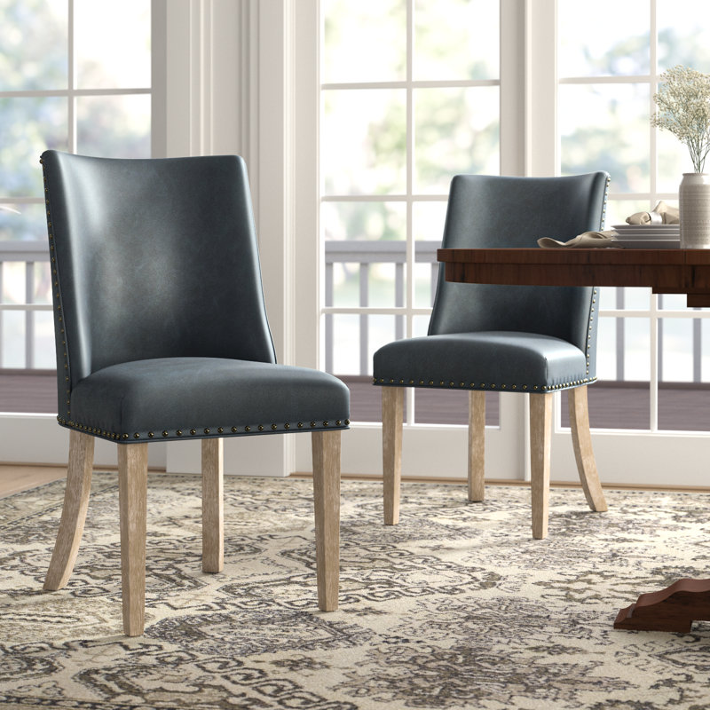 Alejoa Side Chair in Navy Faux Leather (Set of 2), Navy, Natural Wood