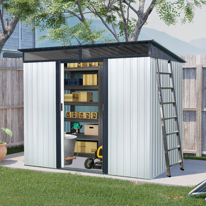 8Ft X 6Ft Outdoor Metal Storage With Lockable Sliding Doors And Transparent Plate For Garden, Lawn, White/Black