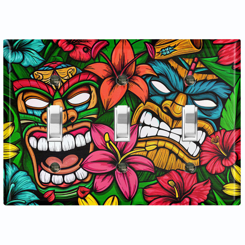 Plaque de protection pour interrupteur à bascule triple en métal - Masque Tiki tropical, Triple # 3