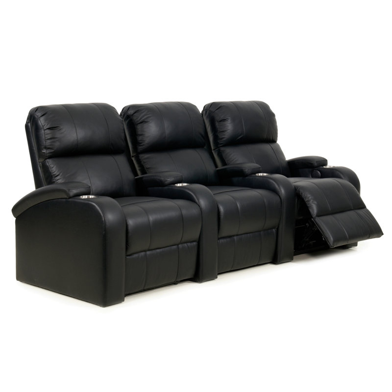 Upholstered Home Theater Seating with Cup Holder, Luxe Black Genuine Leather, Manual