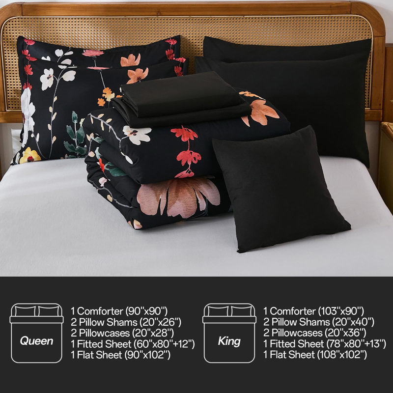 Ensemble d'édredon 8 pièces avec draps et taies d'oreiller, Noir, Édredon grand + 7 articles supplémentaires