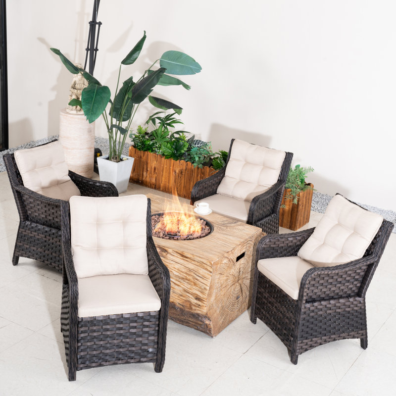 4 - Person Outdoor Patio Dining Set With Fireplace Table , Cushions Included