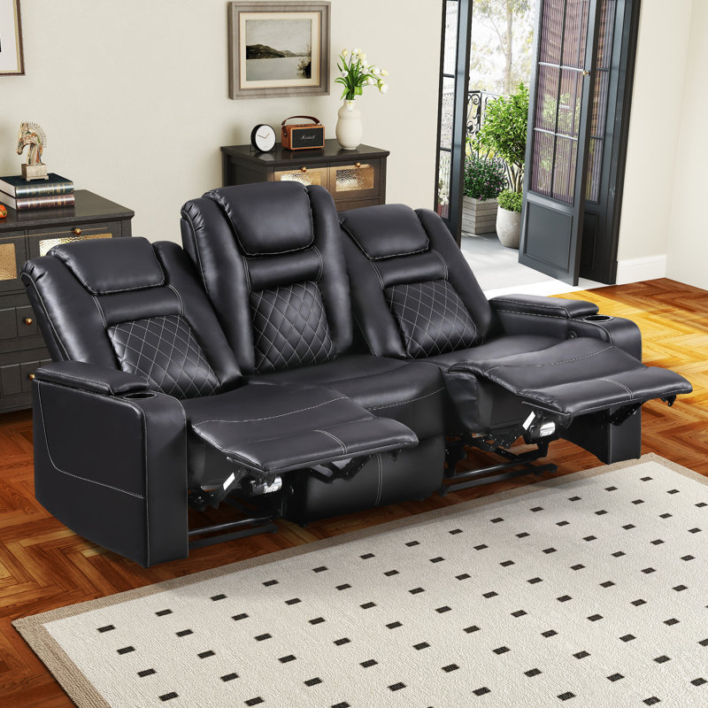 Canapé de cinéma en cuir de qualité supérieure avec rembourrage en cuir haut de gamme de 82,68 po Buchu avec ports USB, porte-gobelets et compartiment de rangement