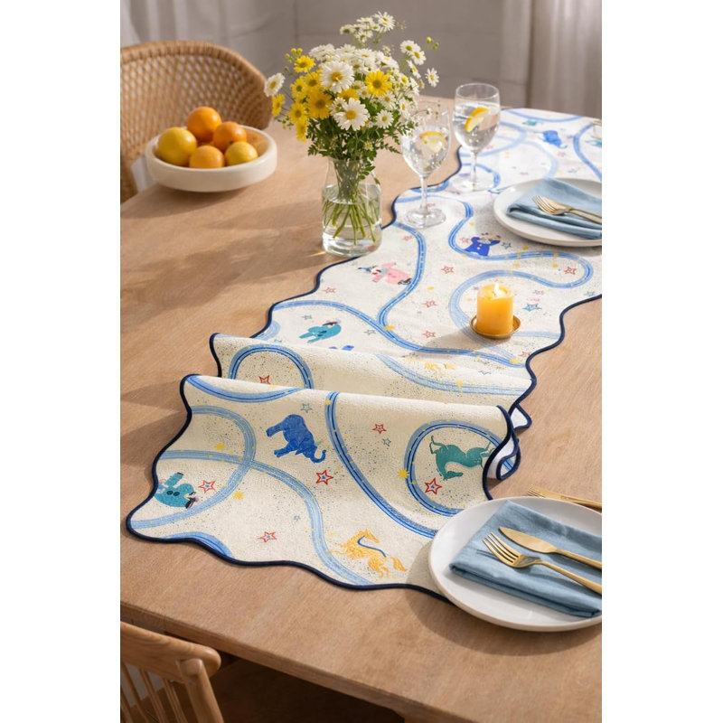 Whimsical Fun Animal & Star Print Playful Circus Scalloped Table Runner 14" X 71"