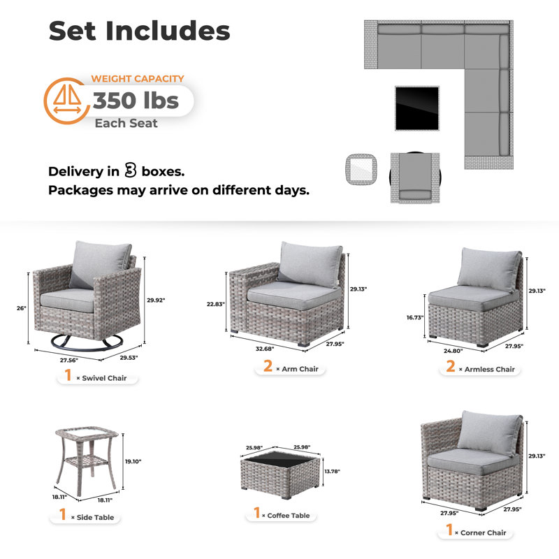 6-Person All-Weather Wicker Outdoor Sectional With Cushions,Swivel Rocker, Dark Gray