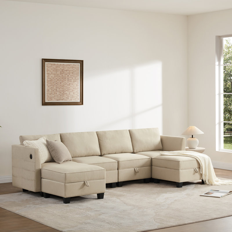 Canapé modulaire de rangement 6 pièces avec rangement USB et Type C, Polyester beige