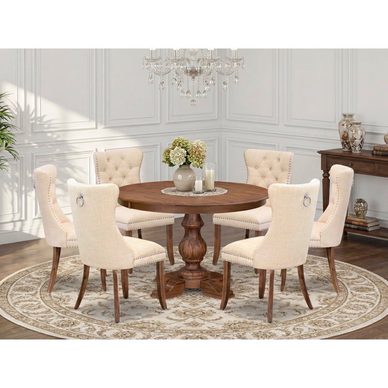 7-Piece Modern Dining Set with Polyester Fabric 6 Light Beige Kitchen chairs, Button-Tufted Backs, and a 48"Round Breakfast Table in Antique Walnut Finish.
