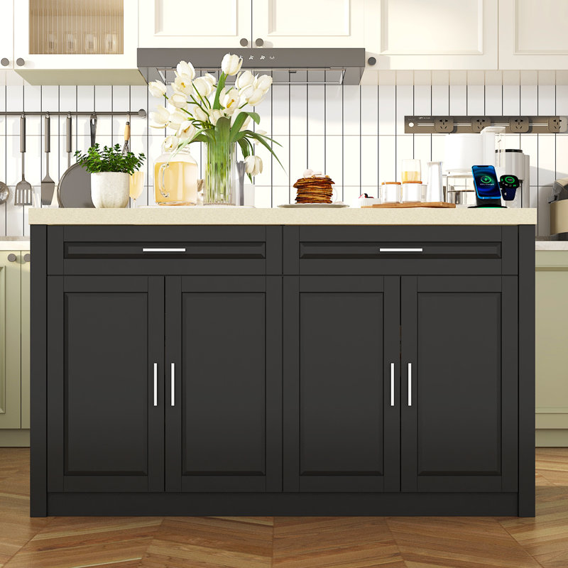 Multifunctional Kitchen Island With Charging Station, Black