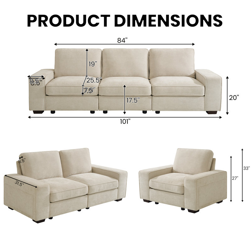 3-Piece Modern Modular  Sectional Sofa Set of 5/6 Seater Oversized Chenille Couch with Storage Space and USB Port for Living Room and Apartment
