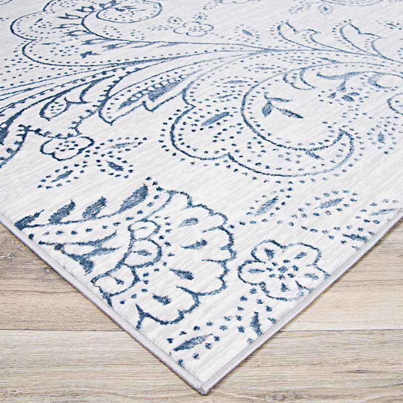 Tapis blanc/bleu floral Karmane, Rectangle 9 pi 10 po x 13 pi 2 po