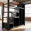 Lit mezzanine pleine grandeur noir avec tablettes, armoire et armoire de rangement - Conception en métal peu encombrante-1472976625