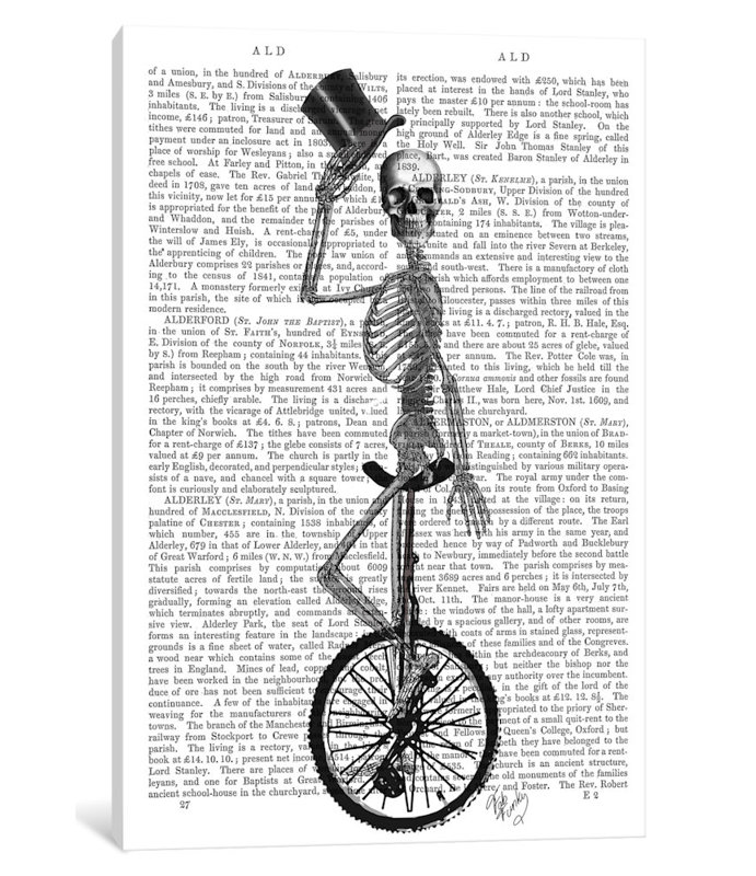 « squelette on unicycle », impression sur toile, H 26 po x l 18 po x P 1,5 po, Pas de tapis, Toile tendue