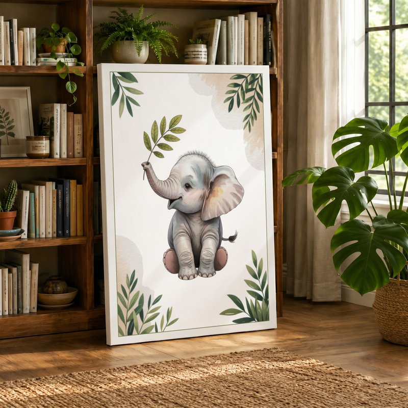 Young Elephant With Fern Botanical - Print, 24x16 - 61.0 x 40.6 cm, Taupe Border