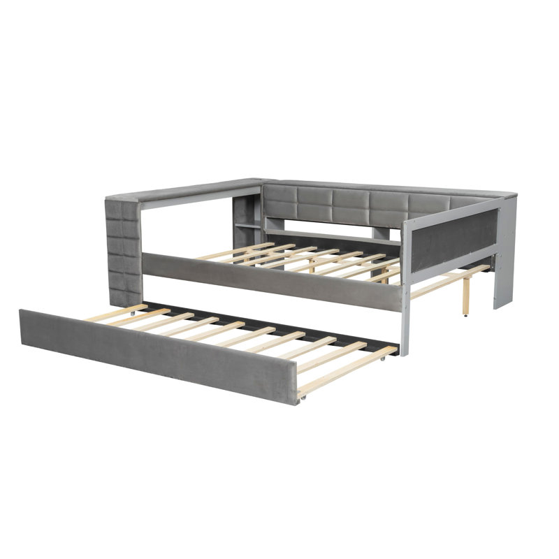 Lit plateforme double avec lit gigogne, gris