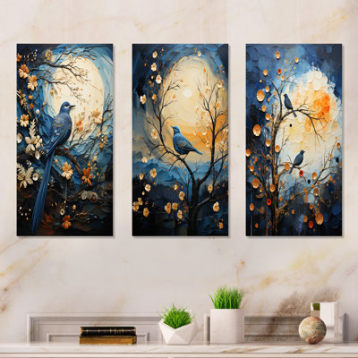 Springtime Blue Bird Singing Blooms I - Bird Canvas Wall Art Set Of 3