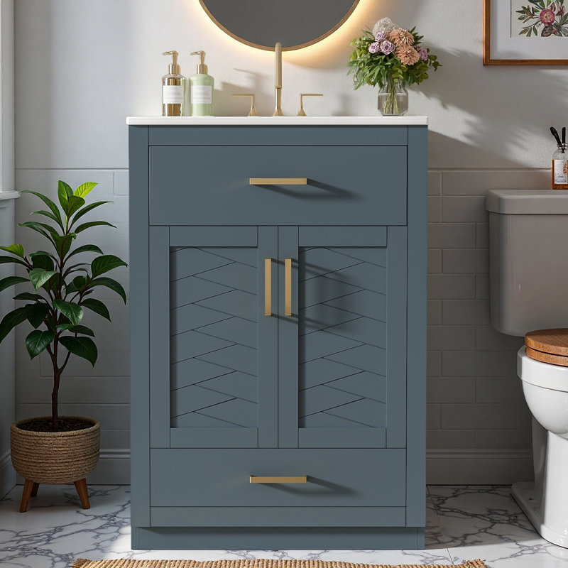 Meuble-lavabo de salle de bain avec lavabo en céramique, 1 grande armoire de rangement, 1 tiroir pleine extension et 1 tiroir basculant