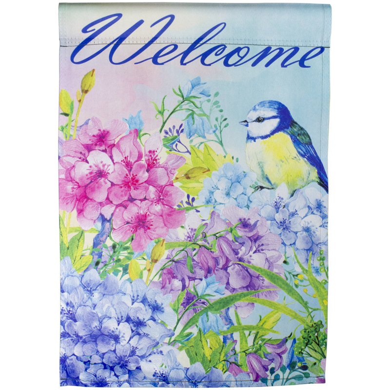 Drapeau extérieur bleu et mauve Welcome Bird, H 18 po x l 12,5 po