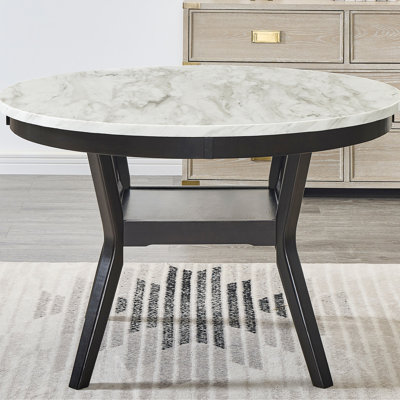 Round Wood Dining Table With Shelf, 48" Faux Marble Surface, Dark , Seats 4, Contemporary Modern Flair Top Table, Shelf Design, Option