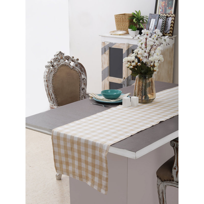 Alicio Gingham 100% Cotton Table Runner, Beige/White, 16" X 72"