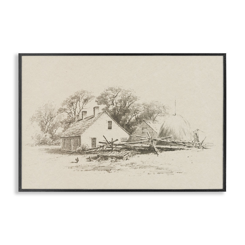 Dessin au crayon Cottage, H 16 po x l 24 po, Giclée encadrée noir minuit