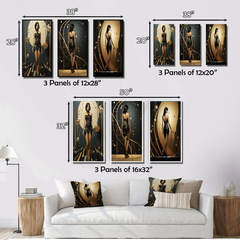 «Playful Evening Glam Portrait», 3 pièces sur toile, Cadre noir, H 40 po x l 60 po