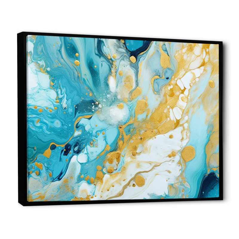 Turquoise luxueux, art fluide abstrait sur toile, Cadre flottant noir, H 30 po x l 40 po x P 1,5 po