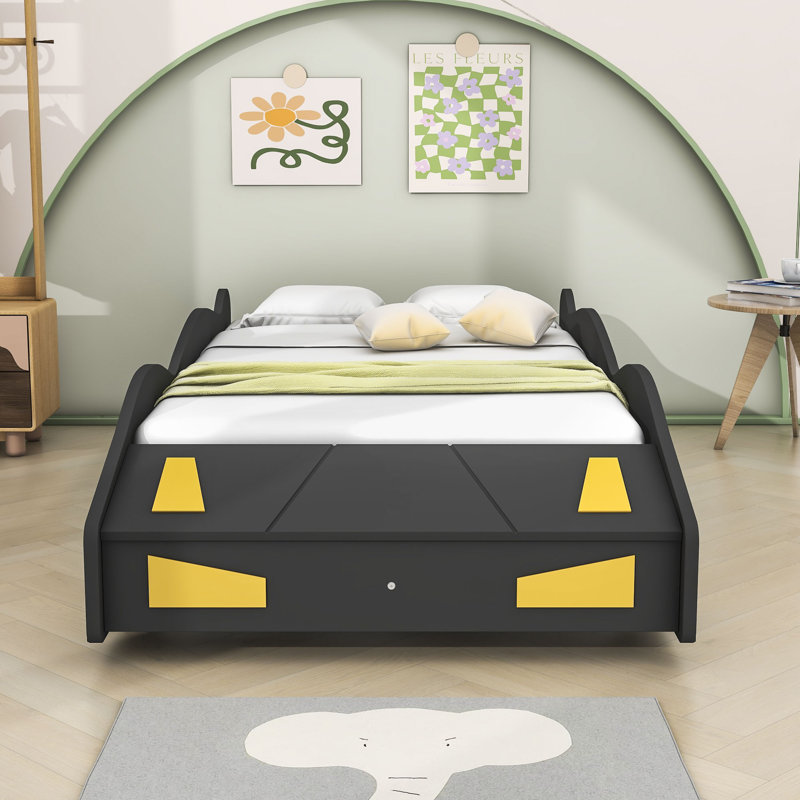 Advaith Twin Size Wood Platform Bed with Wheels and Storage Space, Black/Yellow
