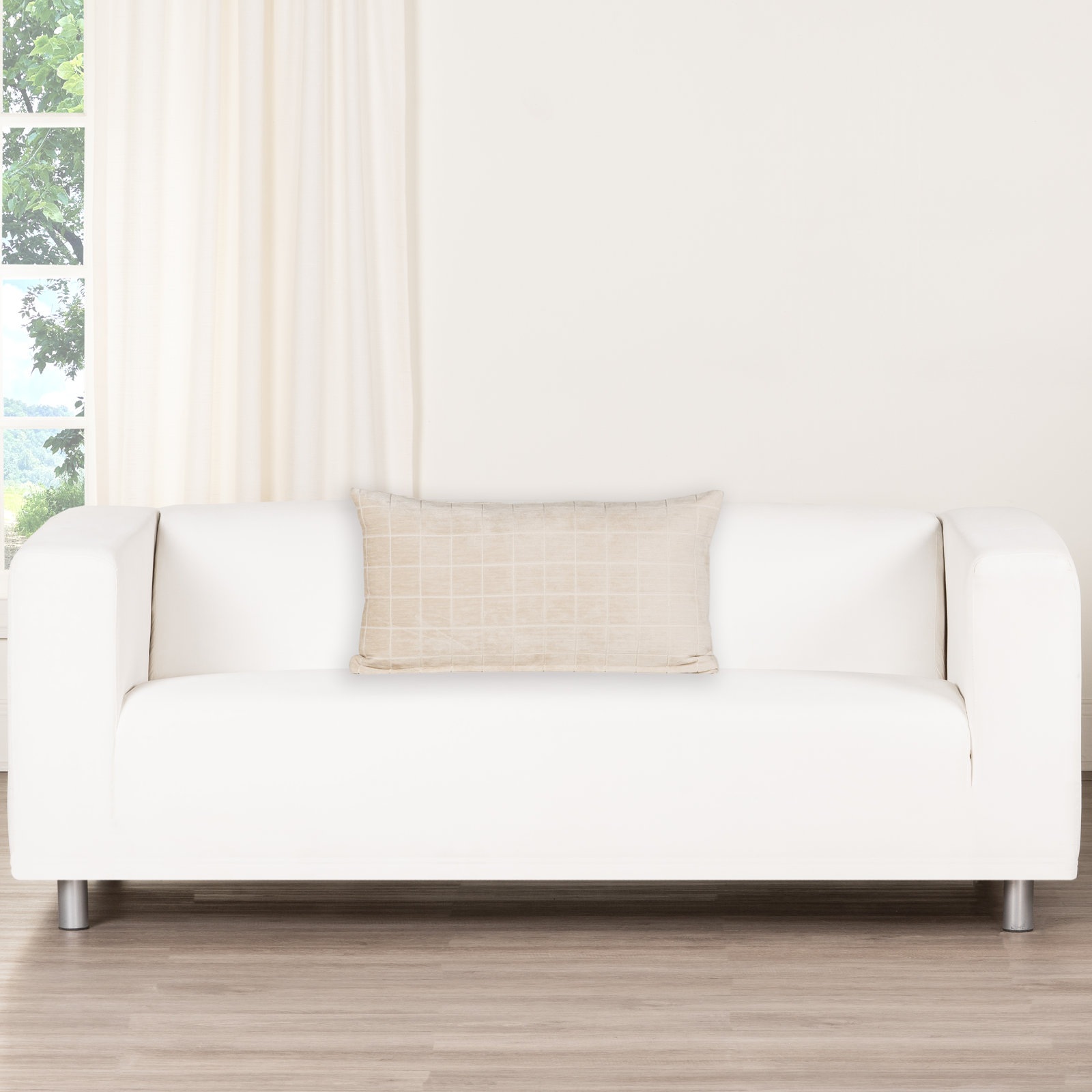 Otterville Velvet Grid Lumbar Pillow, 12"H x 21"W, Feather, Cream Geometric