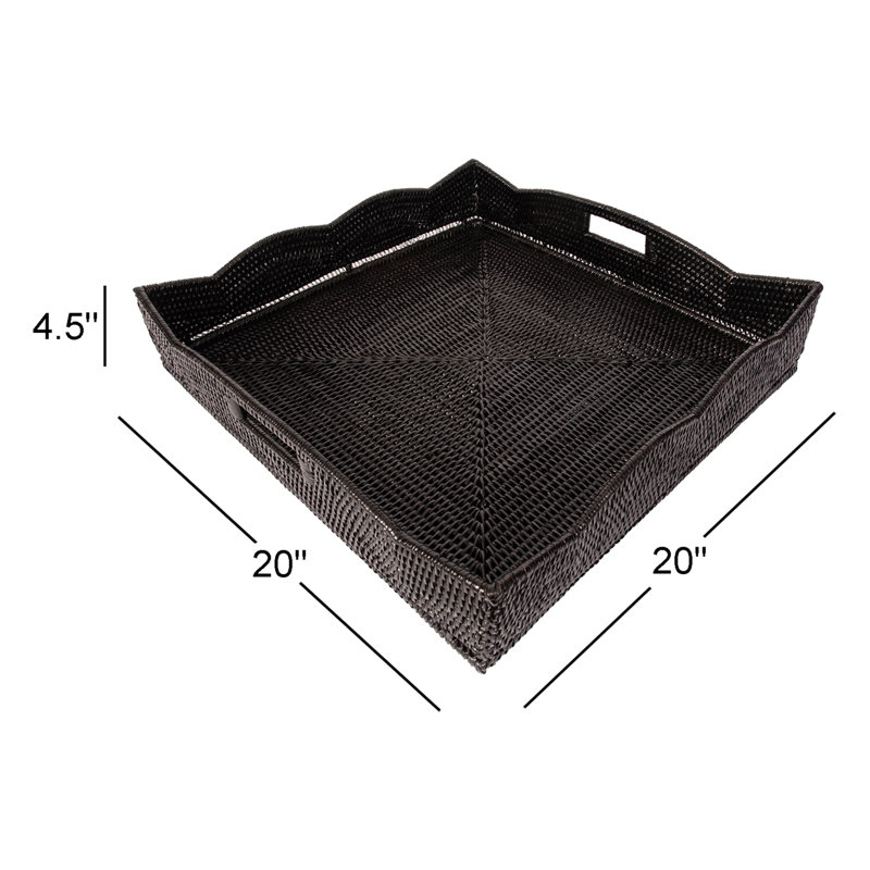 Plateau en rotin fait à la main Landry, H 4,5 po x l 20 po x p 20 po, Noir Tudor, Without Glass