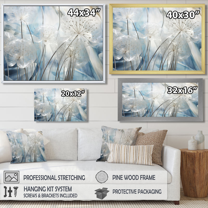 Sparkling Silver Dandelion Dreams I - Pissenlit, art encadré, Toile avec cadre flottant noir, H 12 po x l 20 po x P 1 po