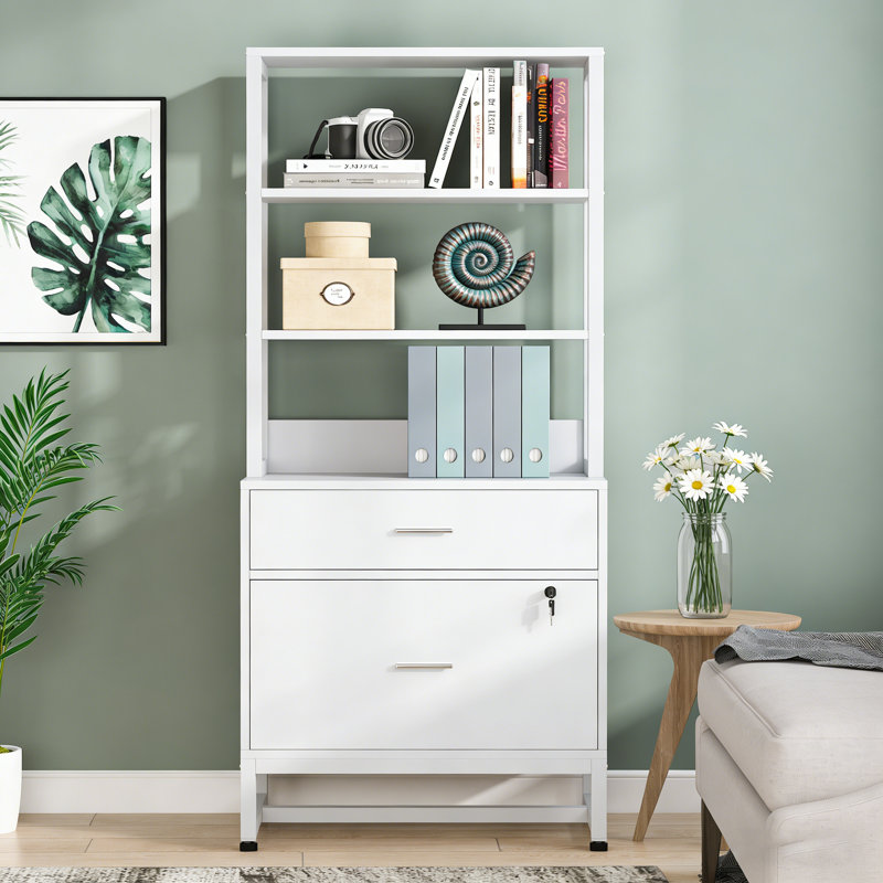 2 Drawers Tall File Cabinet with Shleves, White