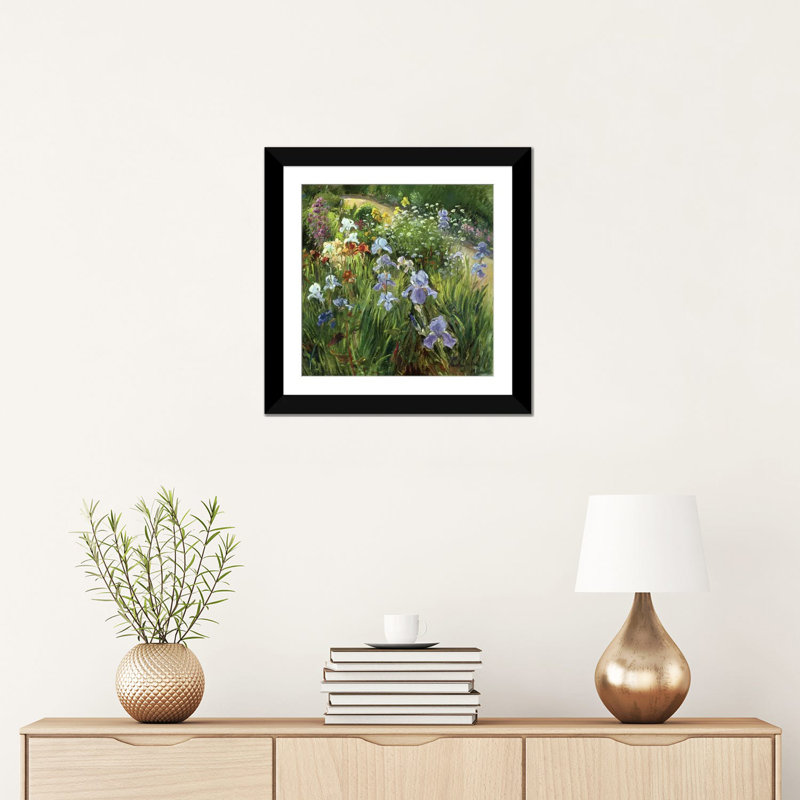 «Irises and Oxeye Daisies», reproduction sur toile, H 24 po x l 24 po x P 1 po, Papier d'art encadré noir, Blanc