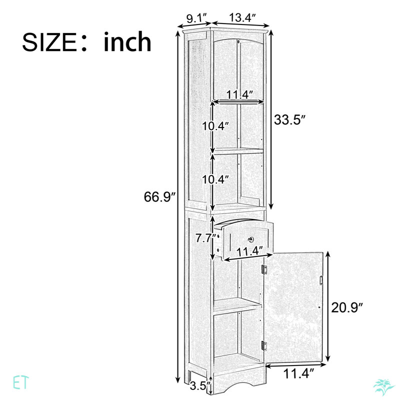 Armoire de salle de bain haute, armoire de rangement autoportante avec tiroir, panneau de fibres à densité moyenne, tablette réglable
