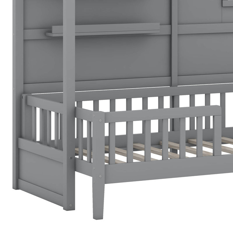 Lit simple simple, lit mezzanine bas avec tablettes de rangement, rayure lumineuse sur le toit, gris