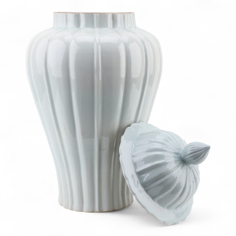 Pale Blue Fluted Jar with Lid, White