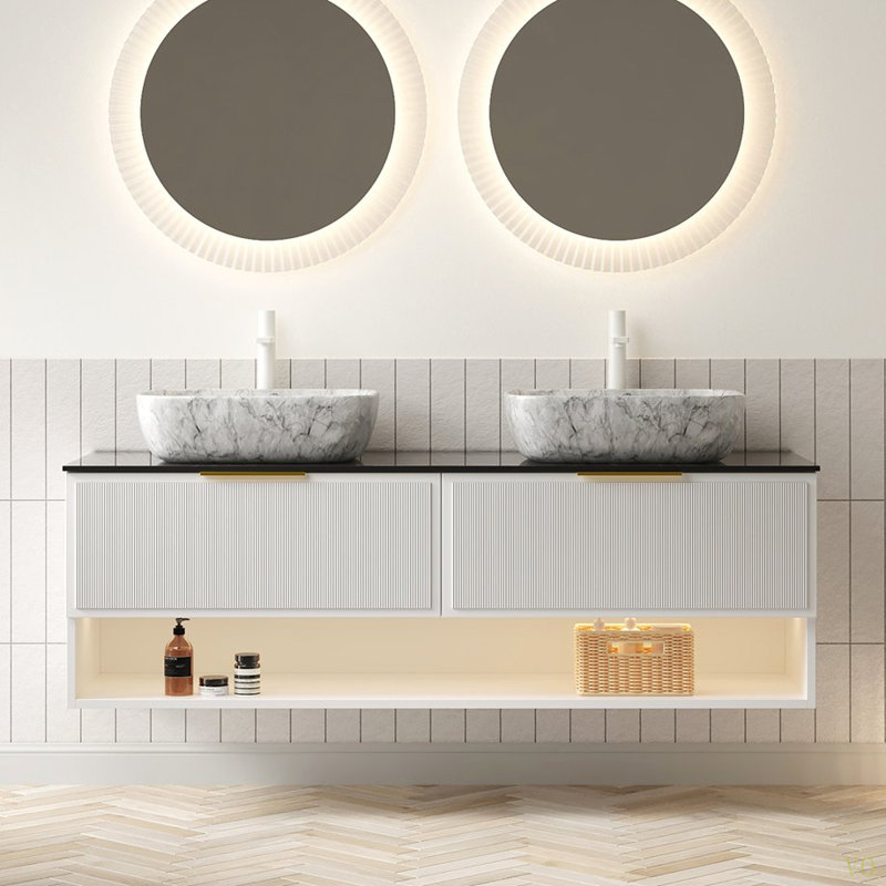 Meuble-lavabo de 60 po avec lavabos, armoire de rangement en contreplaqué flottant, 2 tiroirs et tablette à rayures fines, capteur de lumière, 2 vasques en céramique à motif de marbre, plateau en pierre Sinte, pré-assemblé