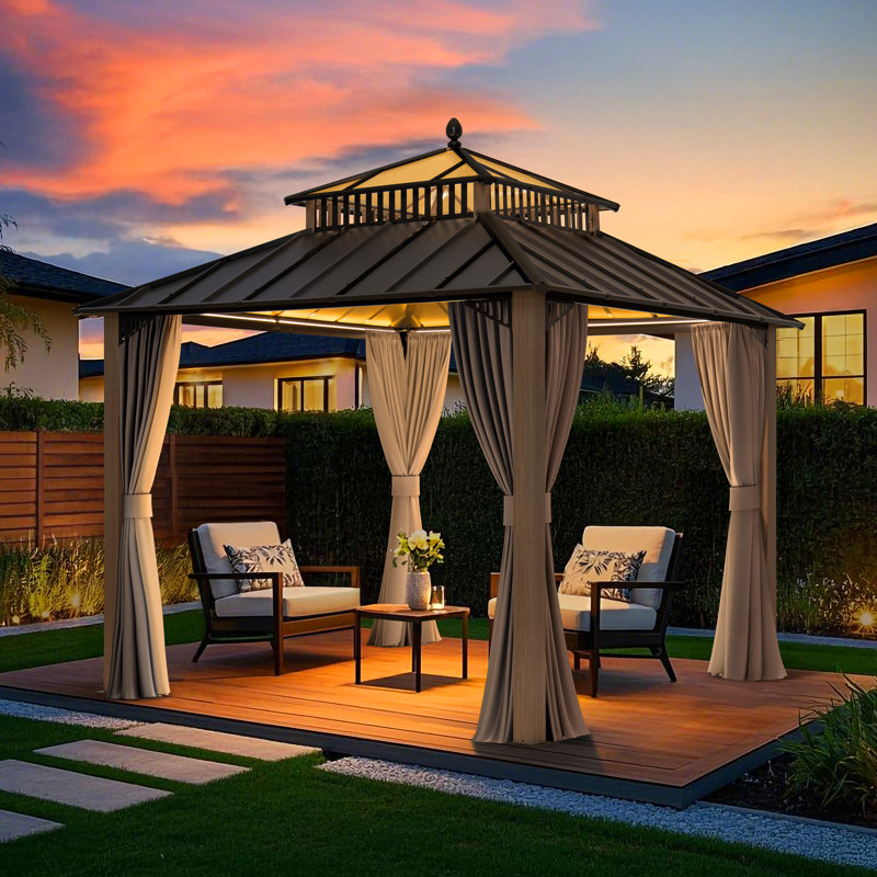 Pavillon de jardin à toit rigide en acier et en PC avec rideau et filet SUNJoy Kingston 10 x 10 - Poteaux en aluminium à grain de bois