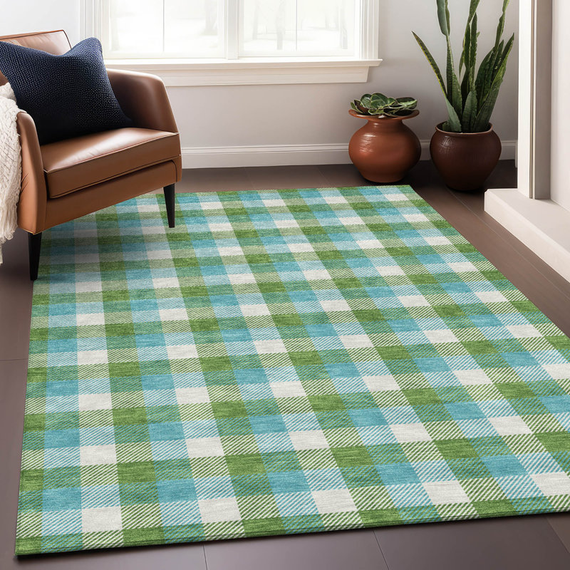 Lime and Blue Plaid Synthetic Washable Area Rug